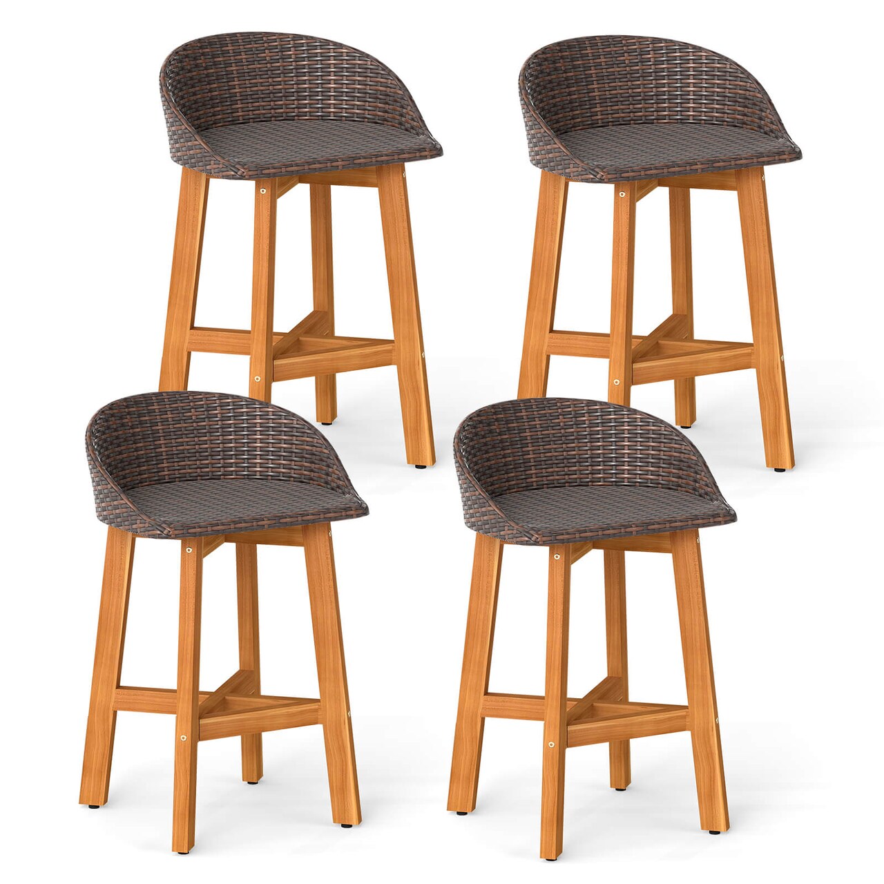 Costway Outdoor Faux Rattan Bar Chairs Set of 2/4 Solid Acacia Wood Bar Stools for Porch Brown/Gray